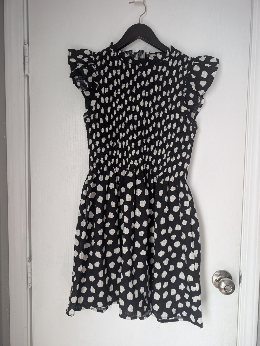 TCEC Black and White Dot Smocked Flutter Mini Dress